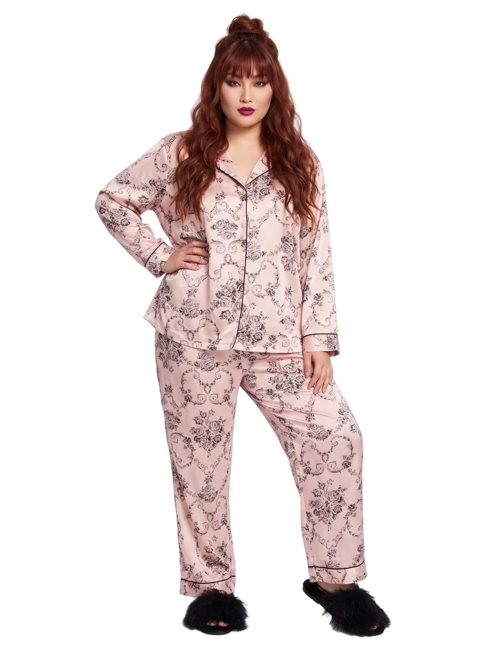 GILLIGAN O’MALLEY Pink Black Satin Floral Pajamas Long sleeve Shirt and Pants